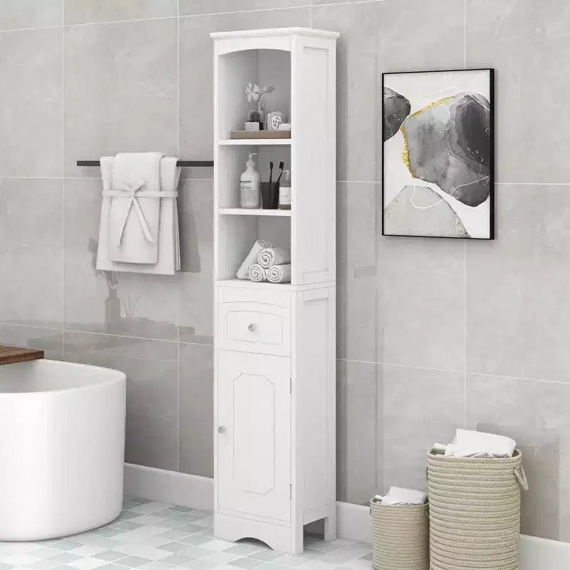 Meuble de salle de bain haut sur pied en bois moderne Clara avec tiroir, étagères ouvertes et étagère réglable