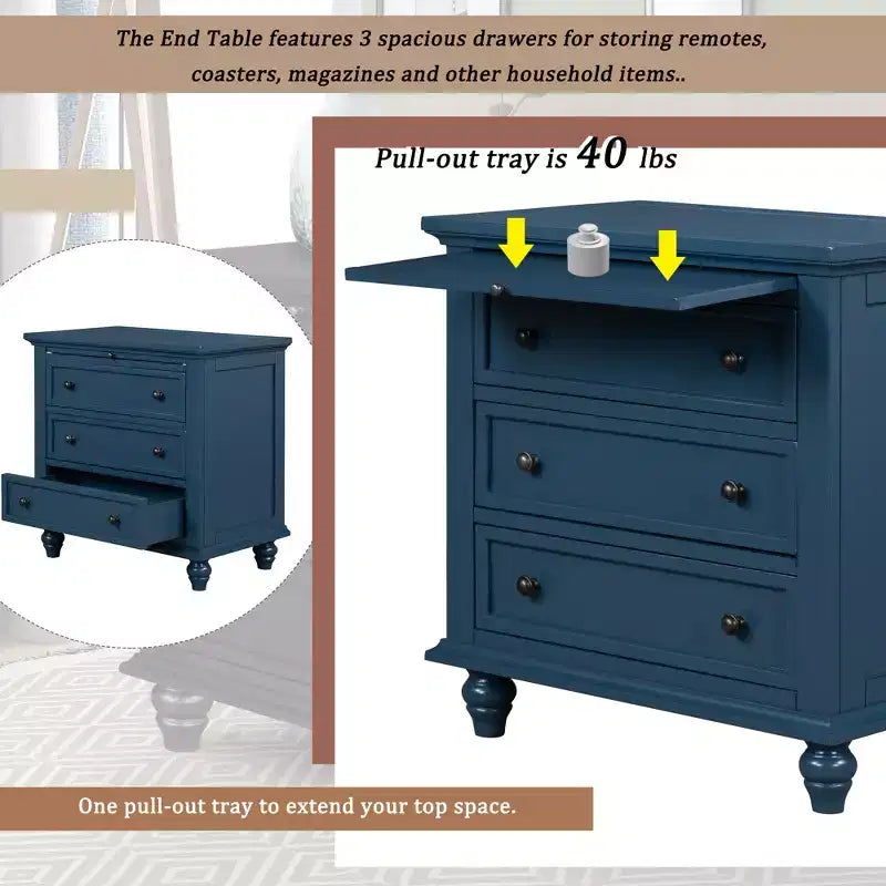 Meuble de rangement en bois Henry à 3 tiroirs avec plateau coulissant, table d'appoint polyvalente
