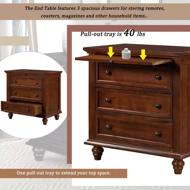 Meuble de rangement en bois Henry à 3 tiroirs avec plateau coulissant, table d'appoint polyvalente