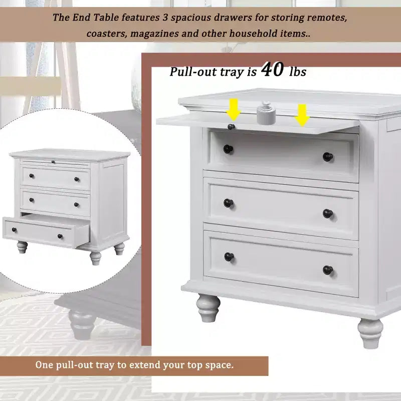 Meuble de rangement en bois Henry à 3 tiroirs avec plateau coulissant, table d'appoint polyvalente