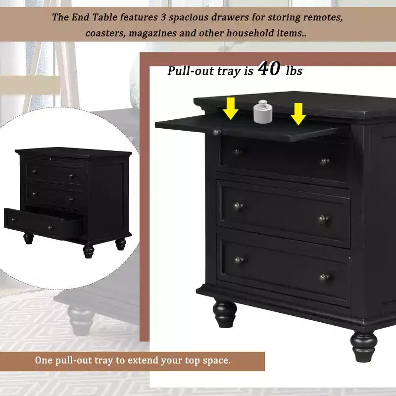 Meuble de rangement en bois Henry à 3 tiroirs avec plateau coulissant, table d'appoint polyvalente