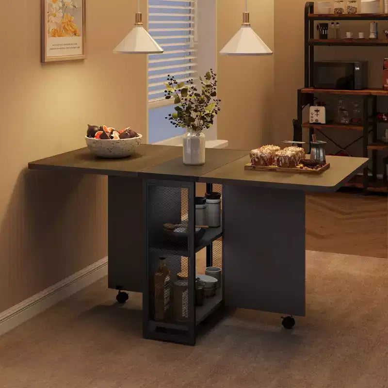 Table à manger pliante, table à abattants avec 6 roulettes et étagère de rangement à 2 niveaux, table à manger peu encombrante pour les petits espaces