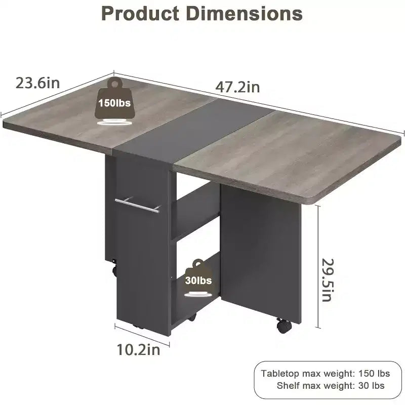 Table à manger pliante, table à abattants avec 6 roulettes et étagère de rangement à 2 niveaux, table à manger peu encombrante pour les petits espaces