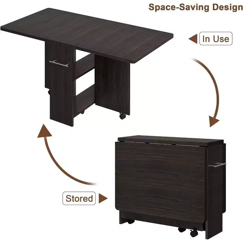 Table à manger pliante, table à abattants avec 6 roulettes et étagère de rangement à 2 niveaux, table à manger peu encombrante pour les petits espaces
