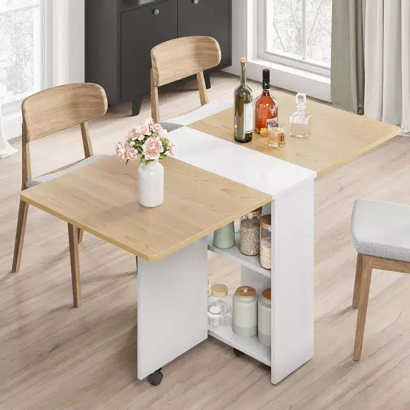 Table à manger pliante, table à abattants avec 6 roulettes et étagère de rangement à 2 niveaux, table à manger peu encombrante pour les petits espaces