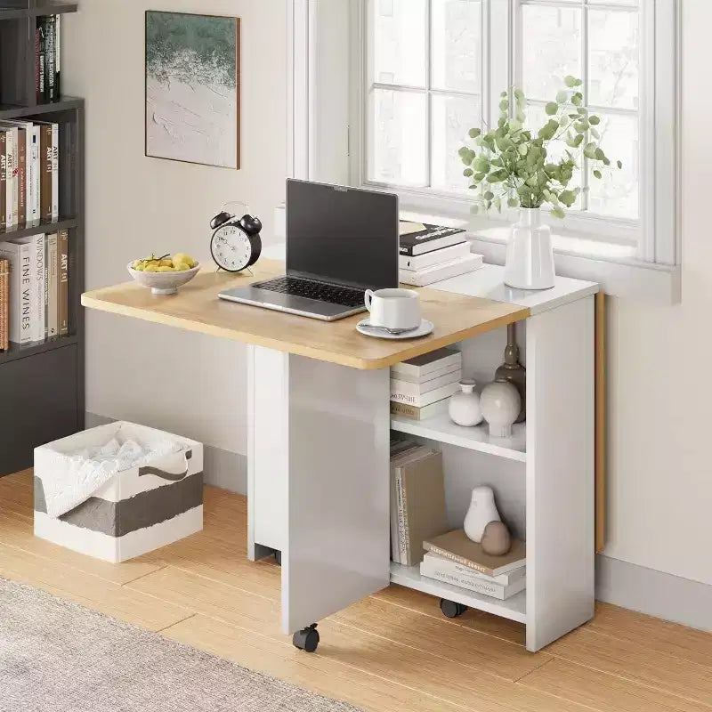 Table à manger pliante, table à abattants avec 6 roulettes et étagère de rangement à 2 niveaux, table à manger peu encombrante pour les petits espaces