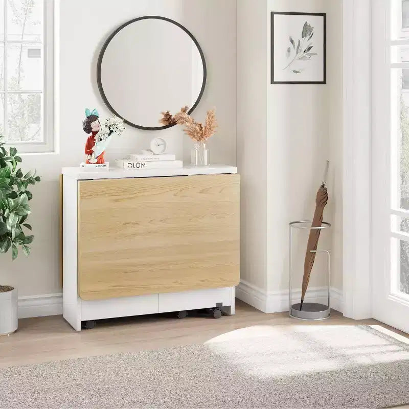 Table à manger pliante, table à abattants avec 6 roulettes et étagère de rangement à 2 niveaux, table à manger peu encombrante pour les petits espaces