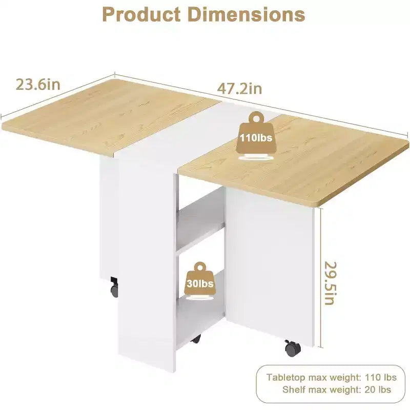 Table à manger pliante, table à abattants avec 6 roulettes et étagère de rangement à 2 niveaux, table à manger peu encombrante pour les petits espaces