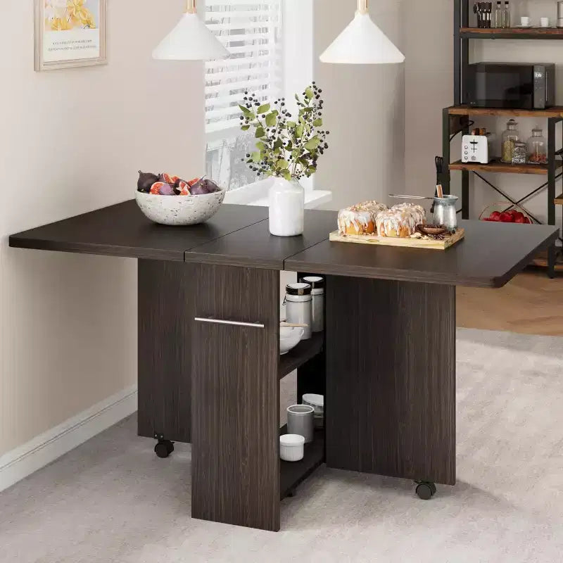 Table à manger pliante, table à abattants avec 6 roulettes et étagère de rangement à 2 niveaux, table à manger peu encombrante pour les petits espaces