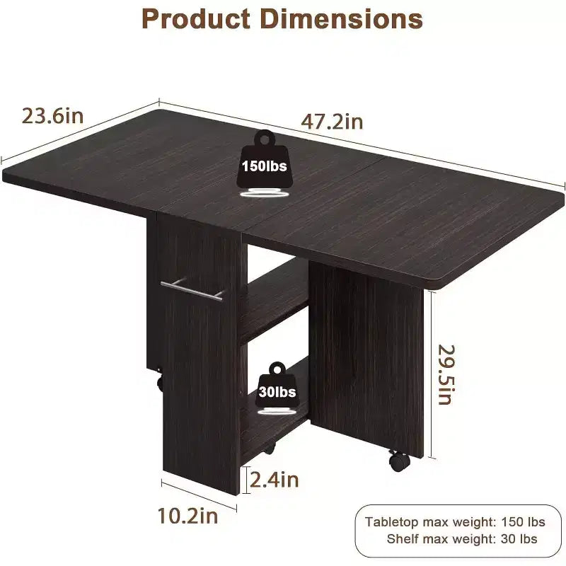 Table à manger pliante, table à abattants avec 6 roulettes et étagère de rangement à 2 niveaux, table à manger peu encombrante pour les petits espaces