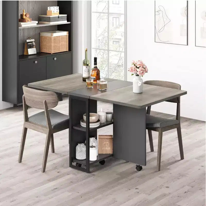 Table à manger pliante, table à abattants avec 6 roulettes et étagère de rangement à 2 niveaux, table à manger peu encombrante pour les petits espaces