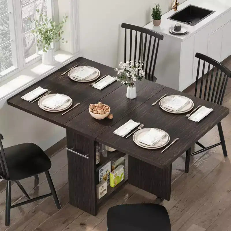 Folding Dining Table, Drop Leaf Table with 6 Wheels and 2-Tier Storage Shelf, Space-Saving Dining Table for Small Spaces