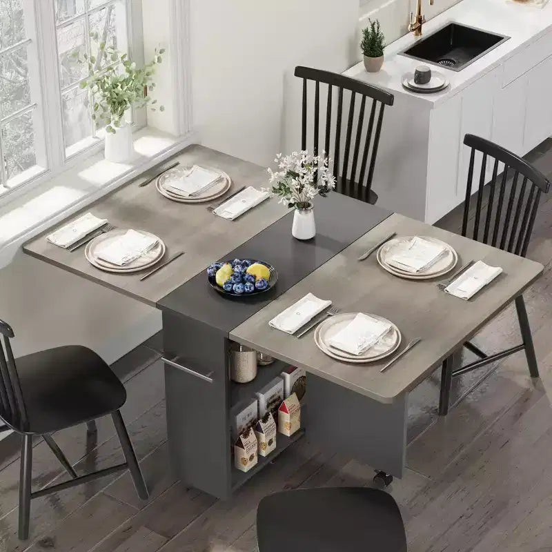 Table à manger pliante, table à abattants avec 6 roulettes et étagère de rangement à 2 niveaux, table à manger peu encombrante pour les petits espaces