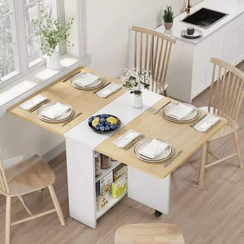 Table à manger pliante, table à abattants avec 6 roulettes et étagère de rangement à 2 niveaux, table à manger peu encombrante pour les petits espaces