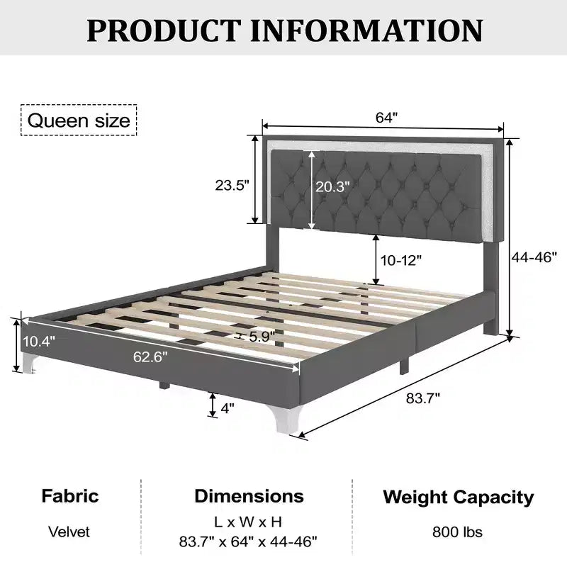 Cadre de lit rembourré Queen Size, lit plateforme moderne en velours avec tête de lit capitonnée