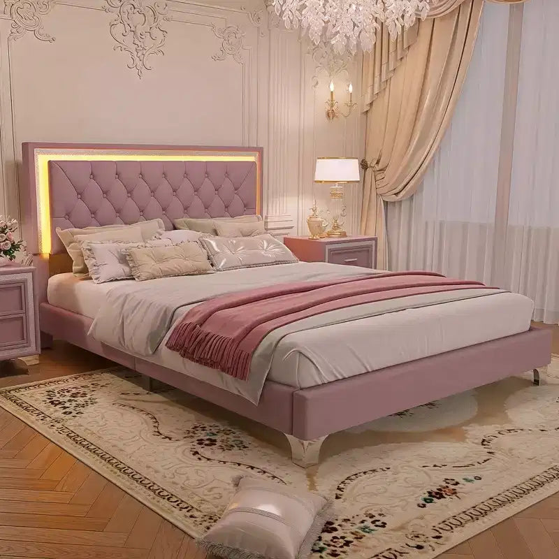 Cadre de lit rembourré Queen Size, lit plateforme moderne en velours avec tête de lit capitonnée