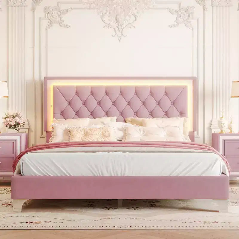 Cadre de lit rembourré Queen Size, lit plateforme moderne en velours avec tête de lit capitonnée
