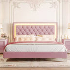 Cadre de lit rembourré Queen Size, lit plateforme moderne en velours avec tête de lit capitonnée