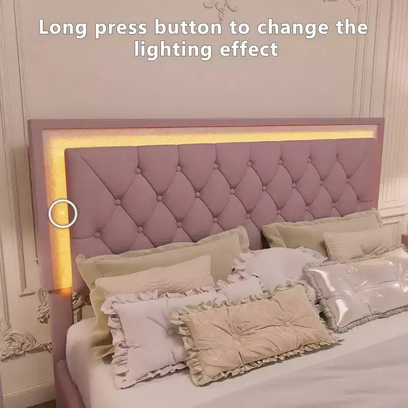 Cadre de lit rembourré Queen Size, lit plateforme moderne en velours avec tête de lit capitonnée