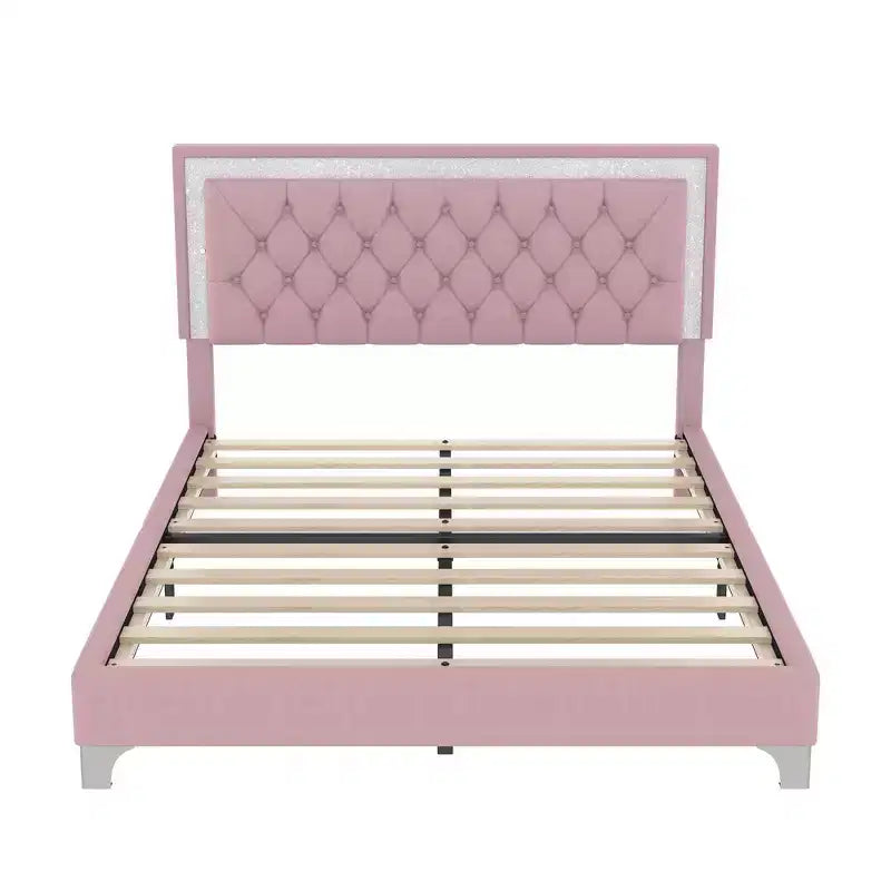 Cadre de lit rembourré Queen Size, lit plateforme moderne en velours avec tête de lit capitonnée