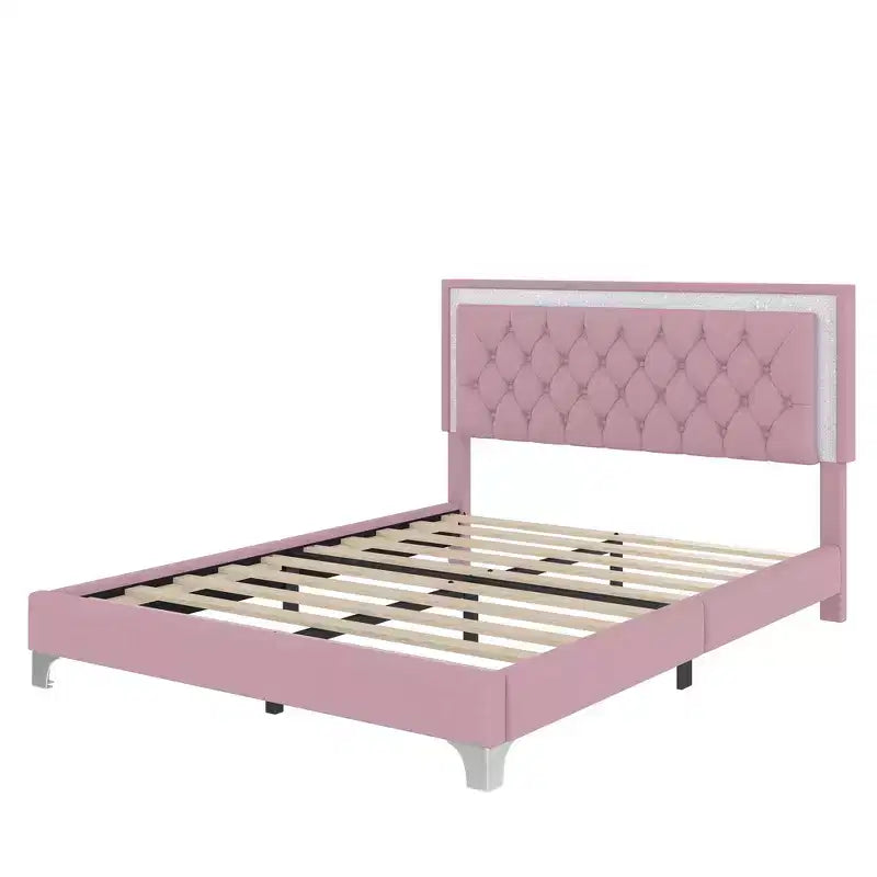 Cadre de lit rembourré Queen Size, lit plateforme moderne en velours avec tête de lit capitonnée
