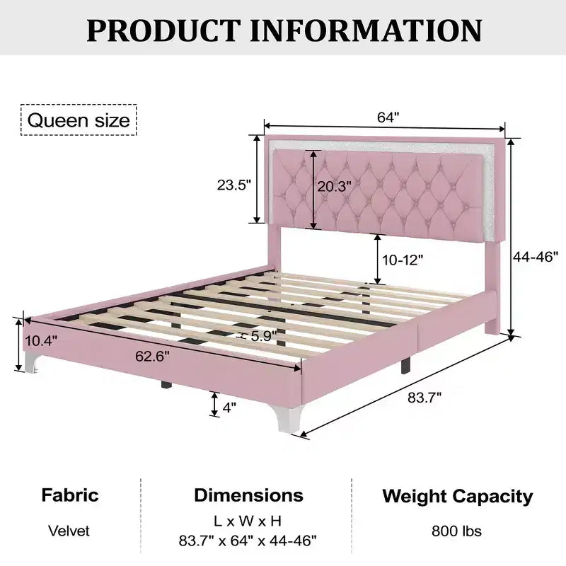 Cadre de lit rembourré Queen Size, lit plateforme moderne en velours avec tête de lit capitonnée