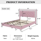 Cadre de lit rembourré Queen Size, lit plateforme moderne en velours avec tête de lit capitonnée