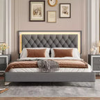 Cadre de lit rembourré Queen Size, lit plateforme moderne en velours avec tête de lit capitonnée