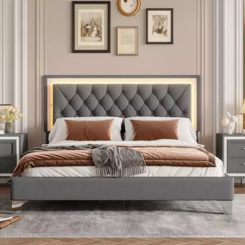 Cadre de lit rembourré Queen Size, lit plateforme moderne en velours avec tête de lit capitonnée