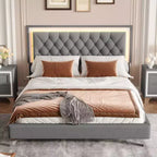 Cadre de lit rembourré Queen Size, lit plateforme moderne en velours avec tête de lit capitonnée