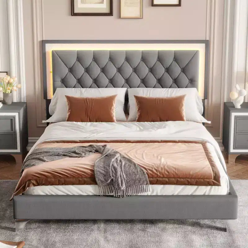Cadre de lit rembourré Queen Size, lit plateforme moderne en velours avec tête de lit capitonnée