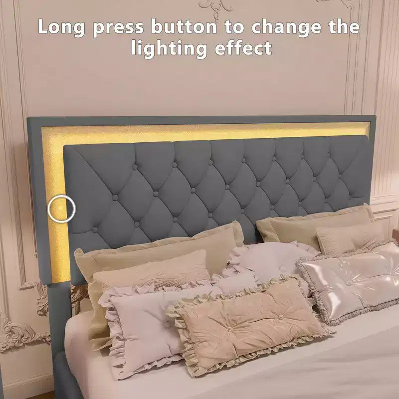Cadre de lit rembourré Queen Size, lit plateforme moderne en velours avec tête de lit capitonnée