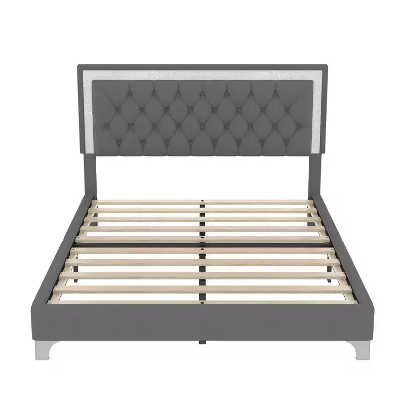 Cadre de lit rembourré Queen Size, lit plateforme moderne en velours avec tête de lit capitonnée
