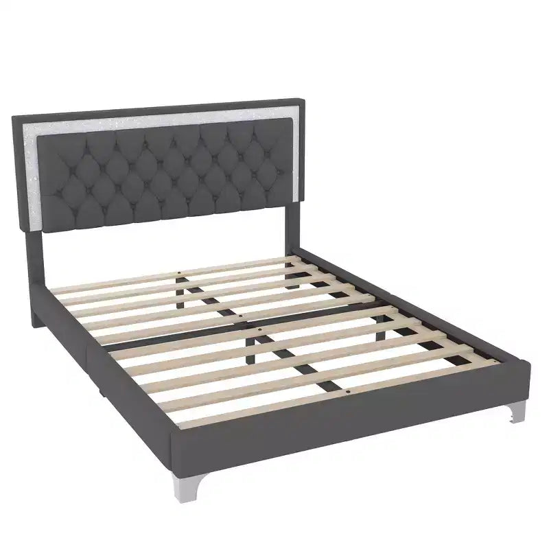 Cadre de lit rembourré Queen Size, lit plateforme moderne en velours avec tête de lit capitonnée