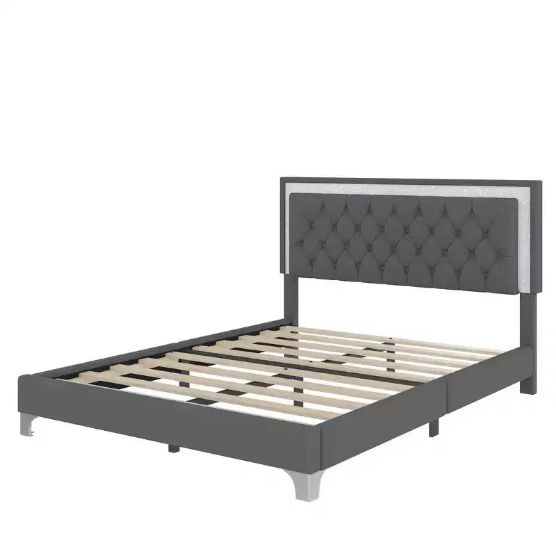 Cadre de lit rembourré Queen Size, lit plateforme moderne en velours avec tête de lit capitonnée