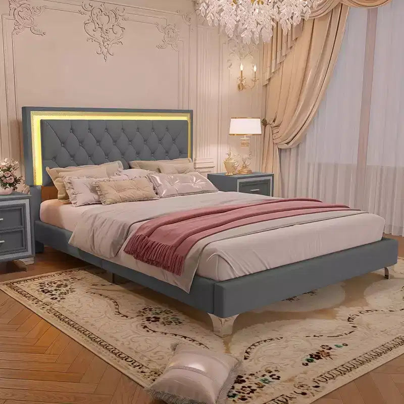 Whisen Queen Size Upholstered Bed Frame, Modern Velvet Platform Bed with Tufted Headboard