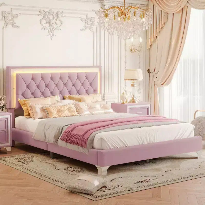 Cadre de lit rembourré Queen Size, lit plateforme moderne en velours avec tête de lit capitonnée