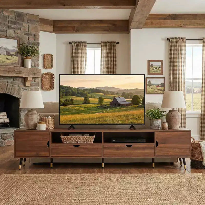 JVNOXK 78.7 ''Walnut Media Console, Mid-Century Modern TV Stand, Suitable for TVs Under 85 Inches, Featuring Drawers,Open Shelving,for living room