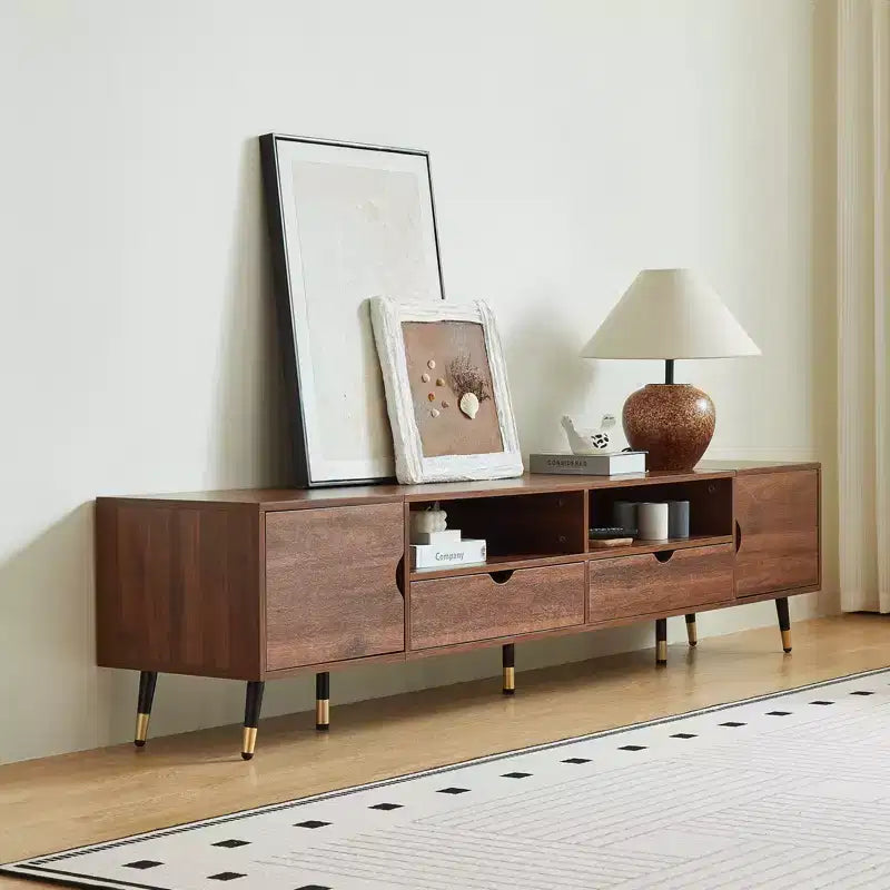 Meuble TV noyer 78,7 pouces, console multimédia style moderne mi-siècle, convient aux téléviseurs de moins de 85 pouces, avec tiroirs et étagères ouvertes, pour salon