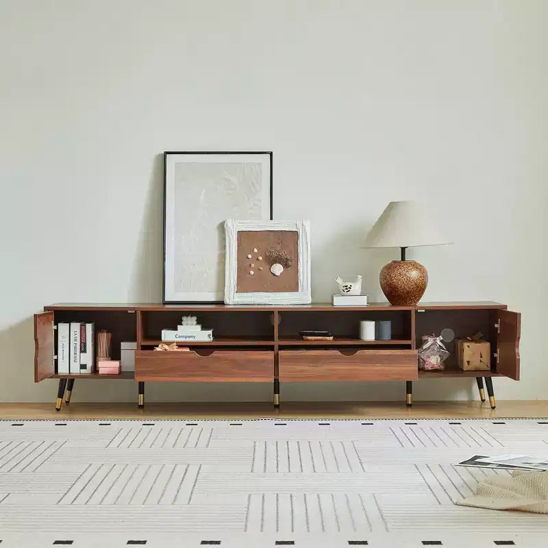 Meuble TV noyer 78,7 pouces, console multimédia style moderne mi-siècle, convient aux téléviseurs de moins de 85 pouces, avec tiroirs et étagères ouvertes, pour salon