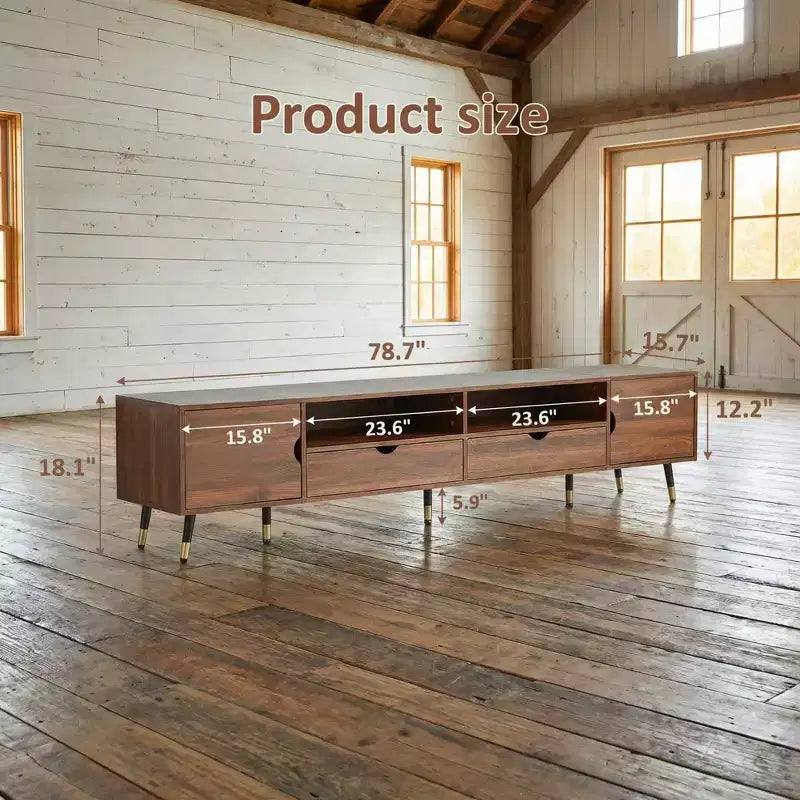 Meuble TV noyer 78,7 pouces, console multimédia style moderne mi-siècle, convient aux téléviseurs de moins de 85 pouces, avec tiroirs et étagères ouvertes, pour salon