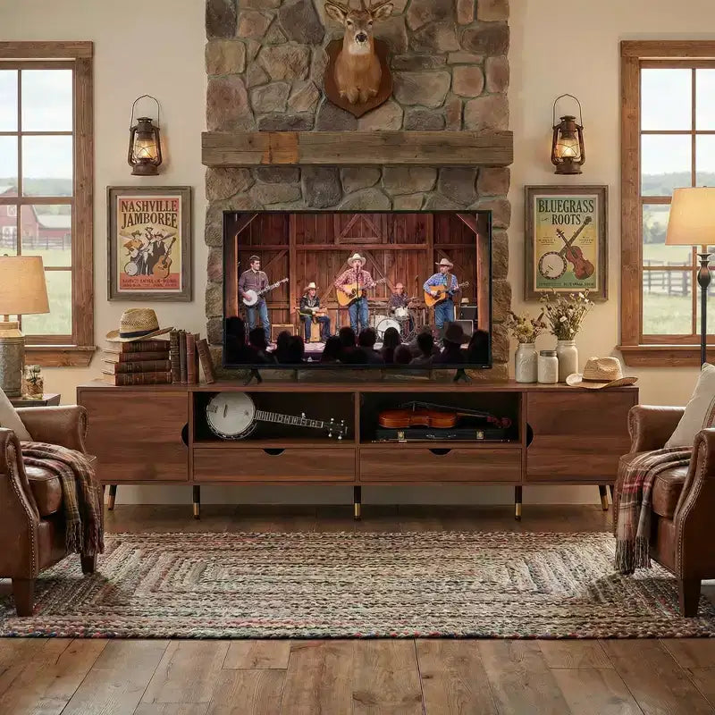 Meuble TV noyer 78,7 pouces, console multimédia style moderne mi-siècle, convient aux téléviseurs de moins de 85 pouces, avec tiroirs et étagères ouvertes, pour salon