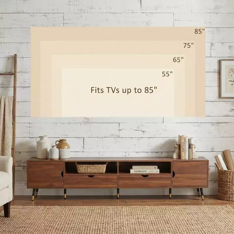 Meuble TV noyer 78,7 pouces, console multimédia style moderne mi-siècle, convient aux téléviseurs de moins de 85 pouces, avec tiroirs et étagères ouvertes, pour salon