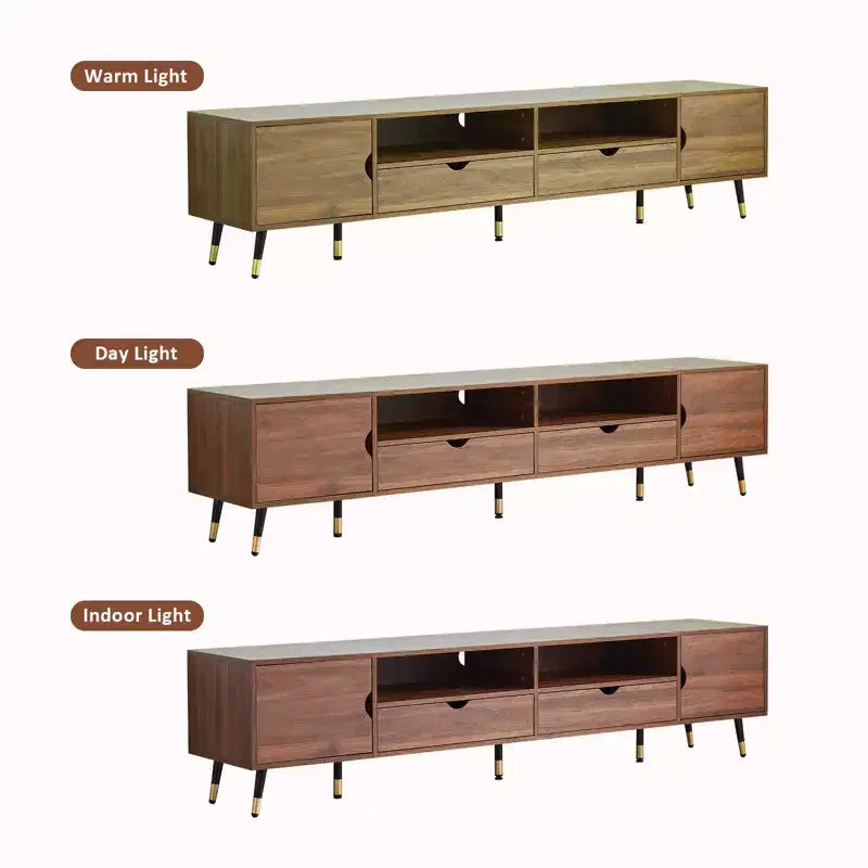 Meuble TV noyer 78,7 pouces, console multimédia style moderne mi-siècle, convient aux téléviseurs de moins de 85 pouces, avec tiroirs et étagères ouvertes, pour salon