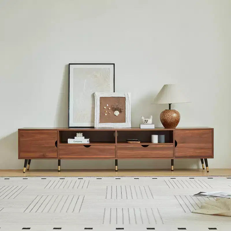Meuble TV noyer 78,7 pouces, console multimédia style moderne mi-siècle, convient aux téléviseurs de moins de 85 pouces, avec tiroirs et étagères ouvertes, pour salon
