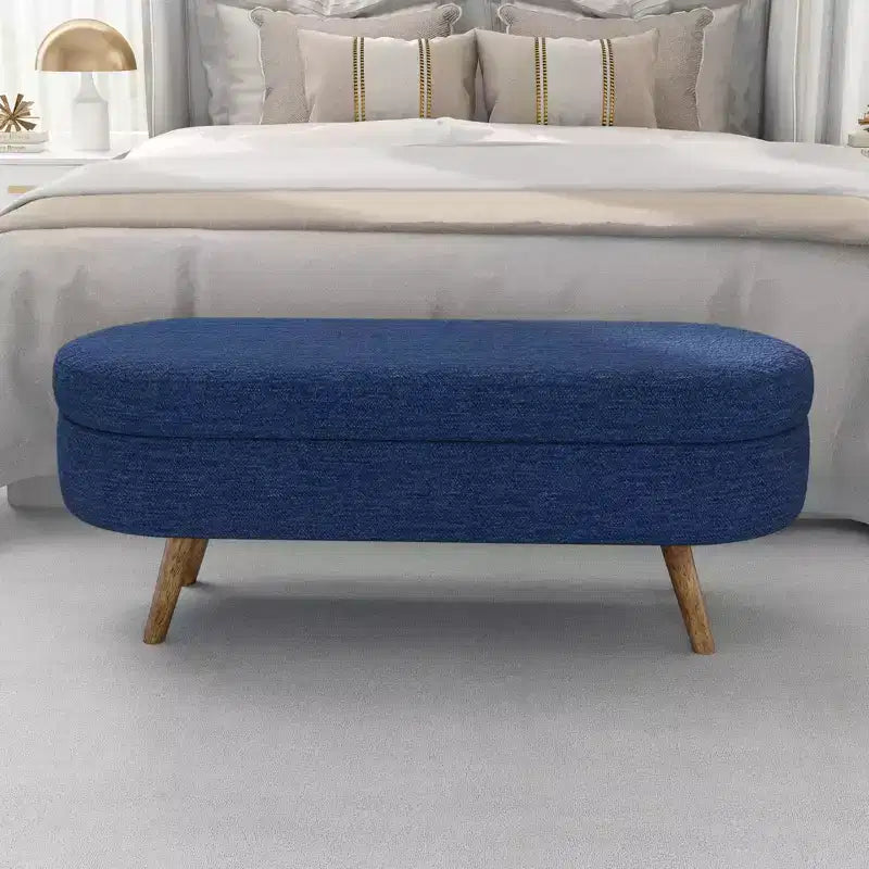 Banc de rangement moderne de 111 cm avec pouf ovale rembourré en lin, banc de bout de lit avec pieds en bois, banc d'entrée pour chambre à coucher, salon