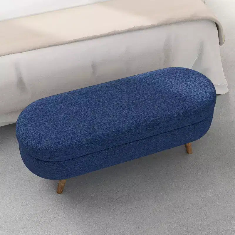 Banc de rangement moderne de 111 cm avec pouf ovale rembourré en lin, banc de bout de lit avec pieds en bois, banc d'entrée pour chambre à coucher, salon