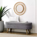 Banc de rangement moderne de 111 cm avec pouf ovale rembourré en lin, banc de bout de lit avec pieds en bois, banc d'entrée pour chambre à coucher, salon