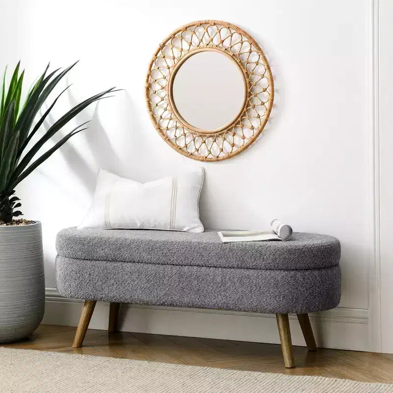 Banc de rangement moderne de 111 cm avec pouf ovale rembourré en lin, banc de bout de lit avec pieds en bois, banc d'entrée pour chambre à coucher, salon