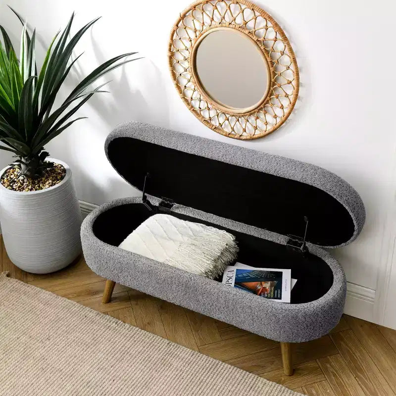 Banc de rangement moderne de 111 cm avec pouf ovale rembourré en lin, banc de bout de lit avec pieds en bois, banc d'entrée pour chambre à coucher, salon